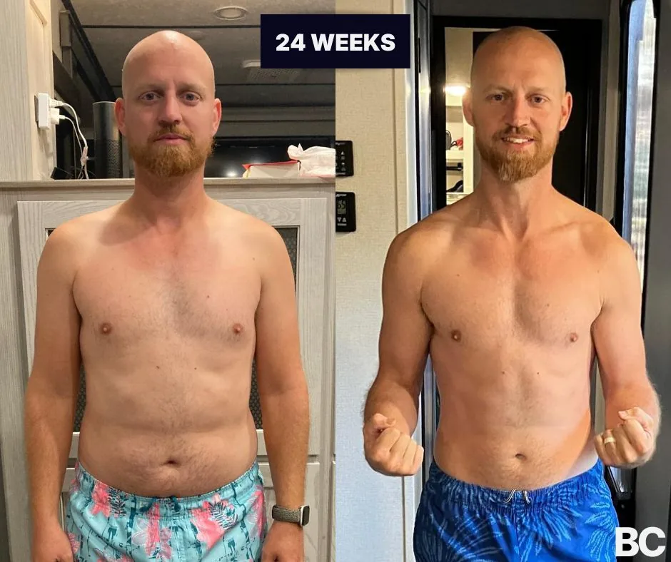 Founder client before-and-after: leaner, more athletic after 24 weeks of coaching