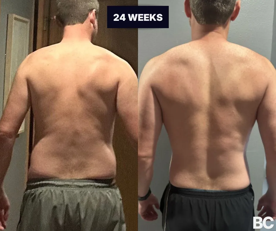 Founder client back before-and-after: leaner, more muscular back after 24 weeks