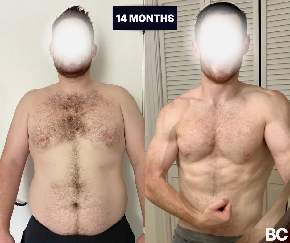 Former-athlete founder before-and-after: visible abs and an athletic build rebuilt over 14 months