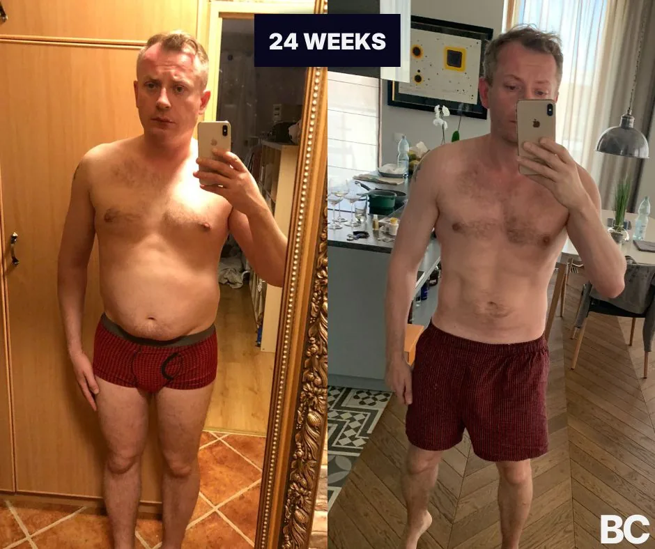 Founder client before-and-after: flatter midsection and athletic frame after 24 weeks