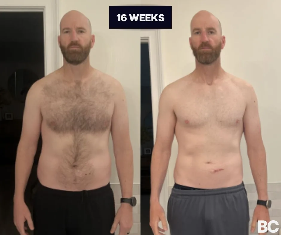 Founder client before-and-after: leaner, more defined torso after 16 weeks