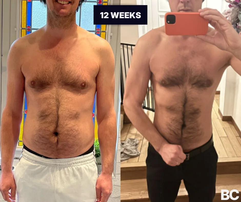Founder client before-and-after: slimmer waist and athletic build after 12 weeks