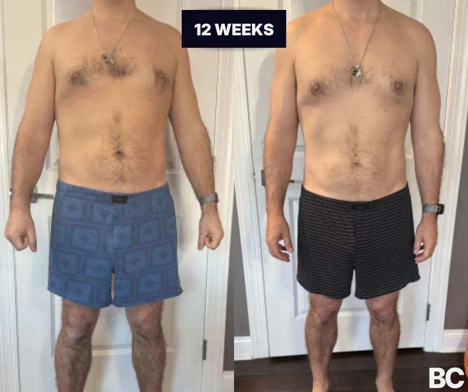 Founder client before-and-after: flatter stomach and athletic shape after 12 weeks