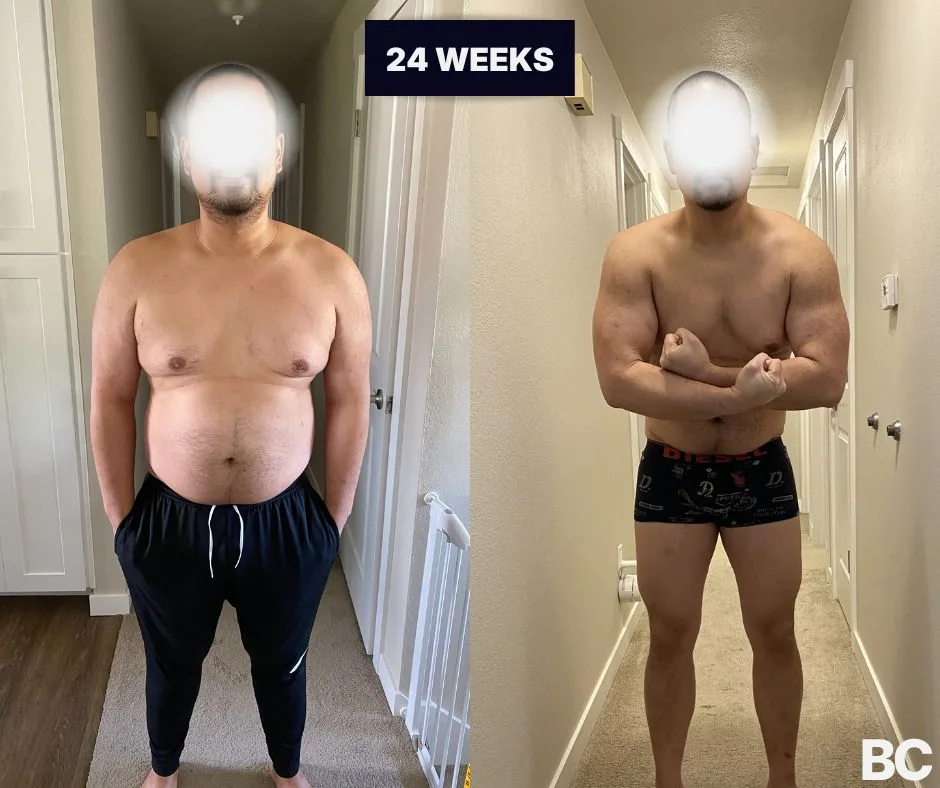 Founder client before-and-after: major fat loss and visible muscle after 24 weeks